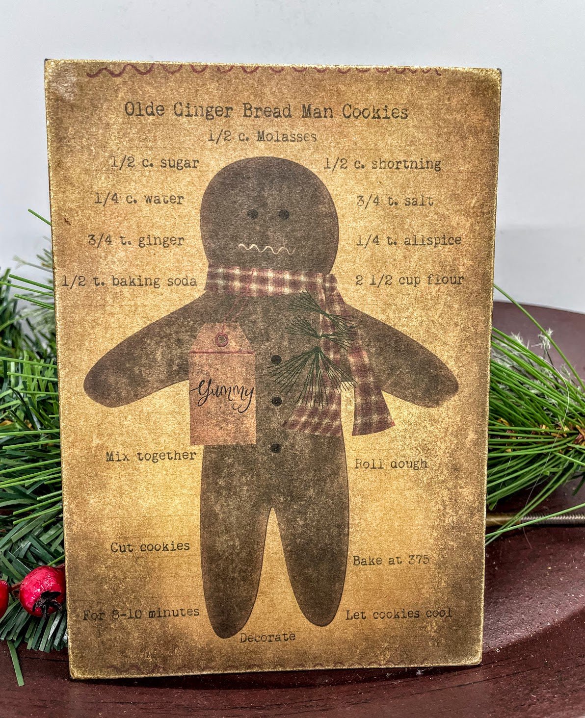 Christmas Handmade Vintage Postcard 5”x7 Canvas Plaque Gingerbread man - The Primitive Pineapple Collection