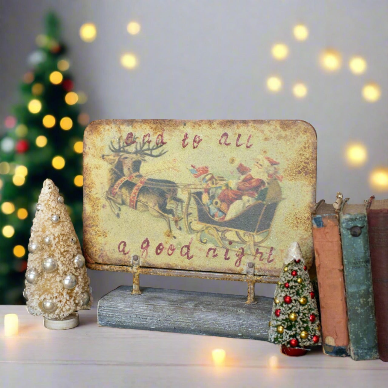 Ragon House 14-inch Primitive Distressed Metal Santa Sleigh Sign on Stand - To All A Good Night - The Primitive Pineapple Collection