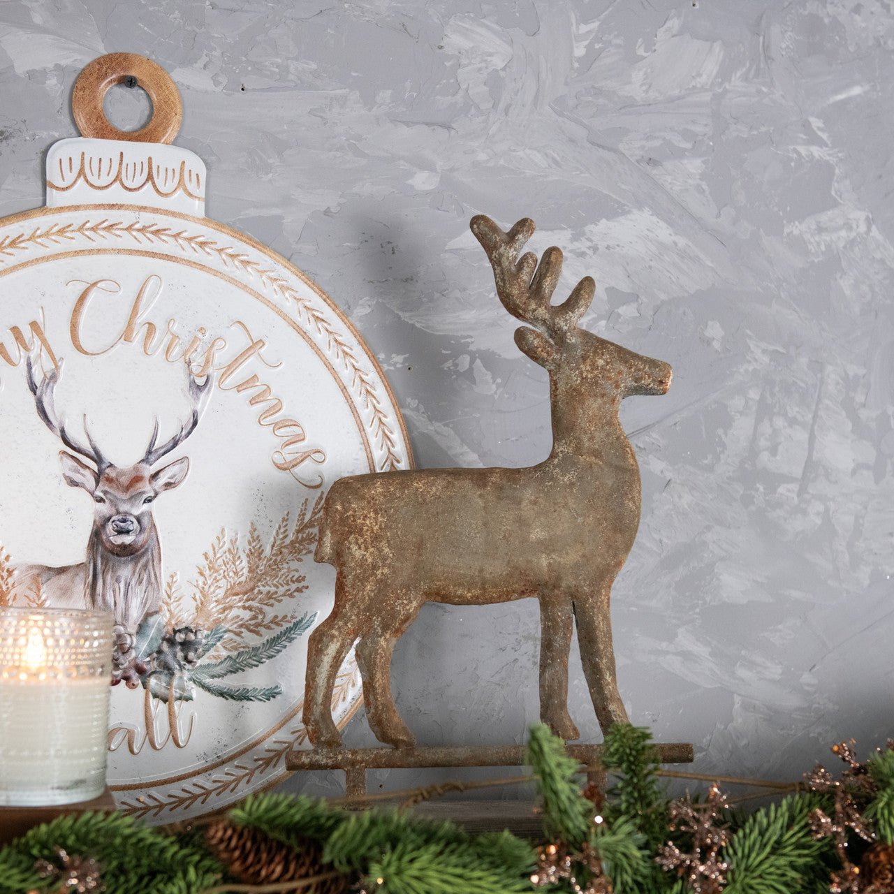 Ragon House 16" Primitive Distressed Metal Reindeer on Wood Base - The Primitive Pineapple Collection
