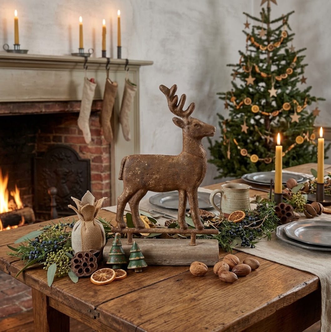 Ragon House 16" Primitive Distressed Metal Reindeer on Wood Base - The Primitive Pineapple Collection