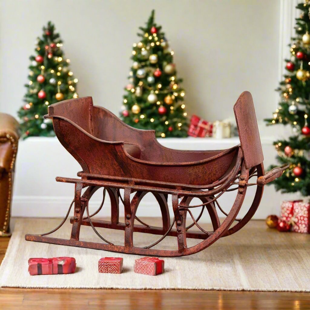 Ragon House 20" Primitive Distressed Metal Red Christmas Sleigh - The Primitive Pineapple Collection