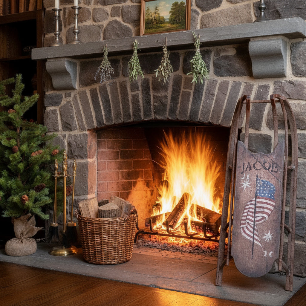 Christmas Ragon House Reproduction 34” L Vintage Metal Sled w/ Flag - The Primitive Pineapple Collection