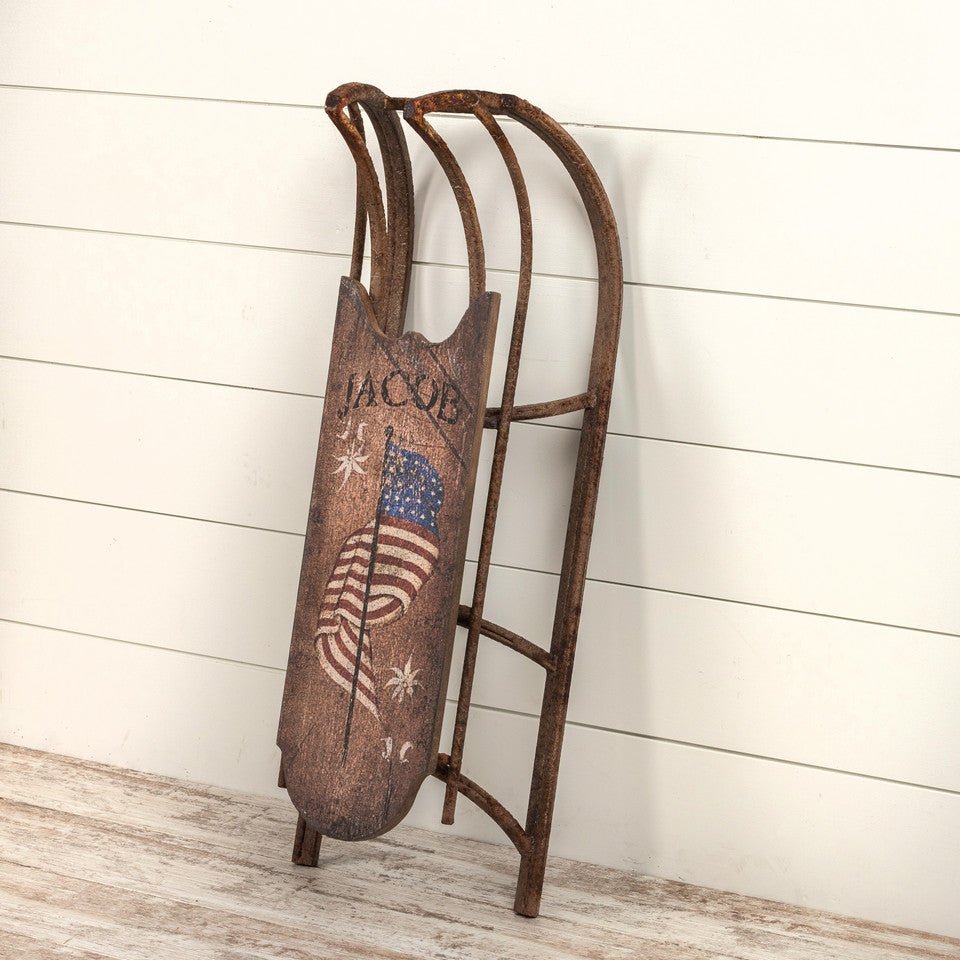 Christmas Ragon House Reproduction 34” L Vintage Metal Sled w/ Flag - The Primitive Pineapple Collection