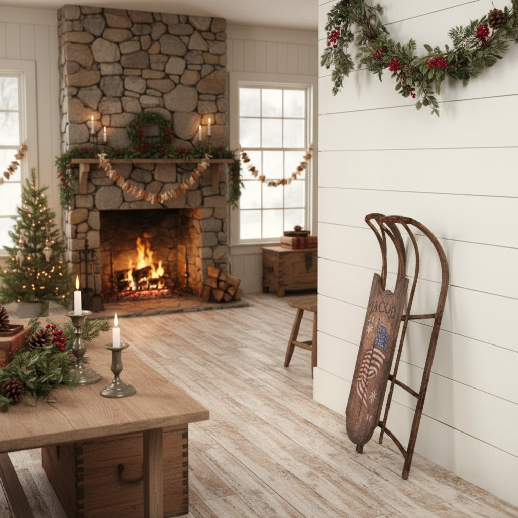 Christmas Ragon House Reproduction 34” L Vintage Metal Sled w/ Flag - The Primitive Pineapple Collection