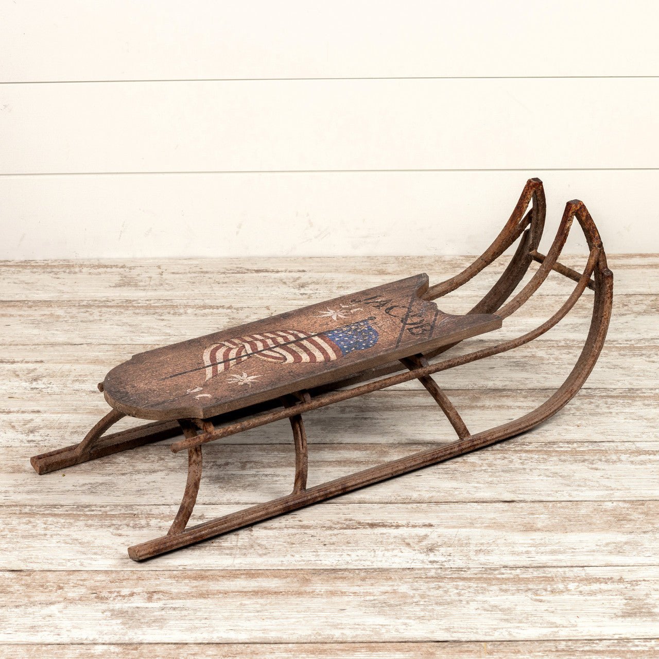 Christmas Ragon House Reproduction 34” L Vintage Metal Sled w/ Flag - The Primitive Pineapple Collection
