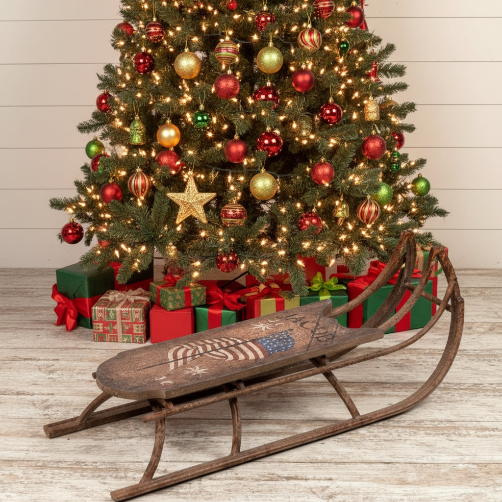 Christmas Ragon House Reproduction 34” L Vintage Metal Sled w/ Flag - The Primitive Pineapple Collection