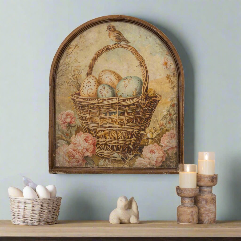 Primitive Ragon House Easter Spring 29" Arched Eggs in Basket Framed Sign - The Primitive Pineapple Collection