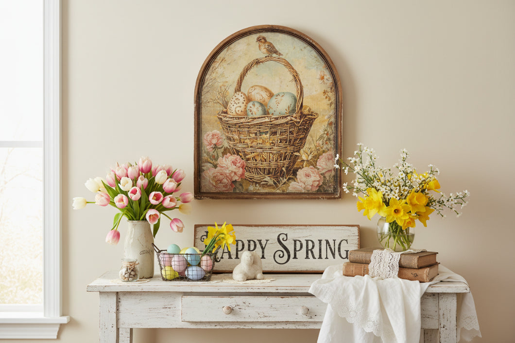 Primitive Ragon House Easter Spring 29" Arched Eggs in Basket Framed Sign - The Primitive Pineapple Collection