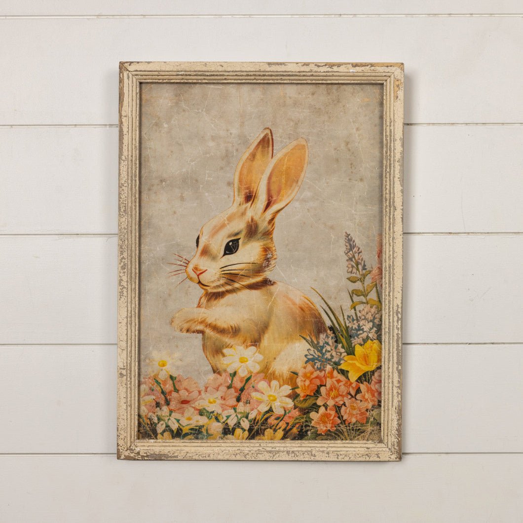 Primitive Ragon House Easter Spring 23" Cream Bunny in Flowers Framed Sign - The Primitive Pineapple Collection