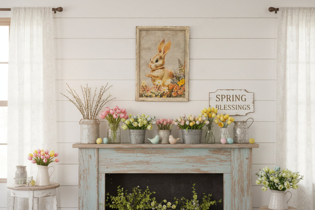 Ragon House 23" Cream Bunny in Flowers Framed Sign | Primitive Easter - The Primitive Pineapple Collection