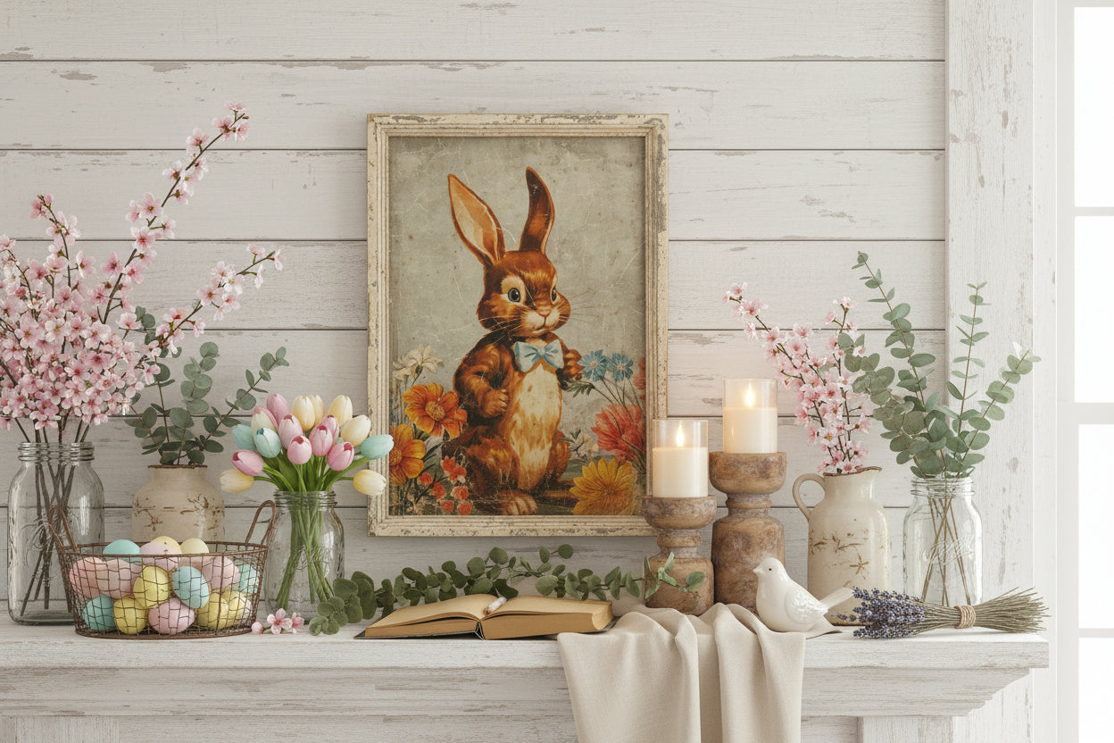 Primitive Ragon House Easter Spring 23" Distressed Wood Brown Bunny w/ Bow Tie Sign - The Primitive Pineapple Collection