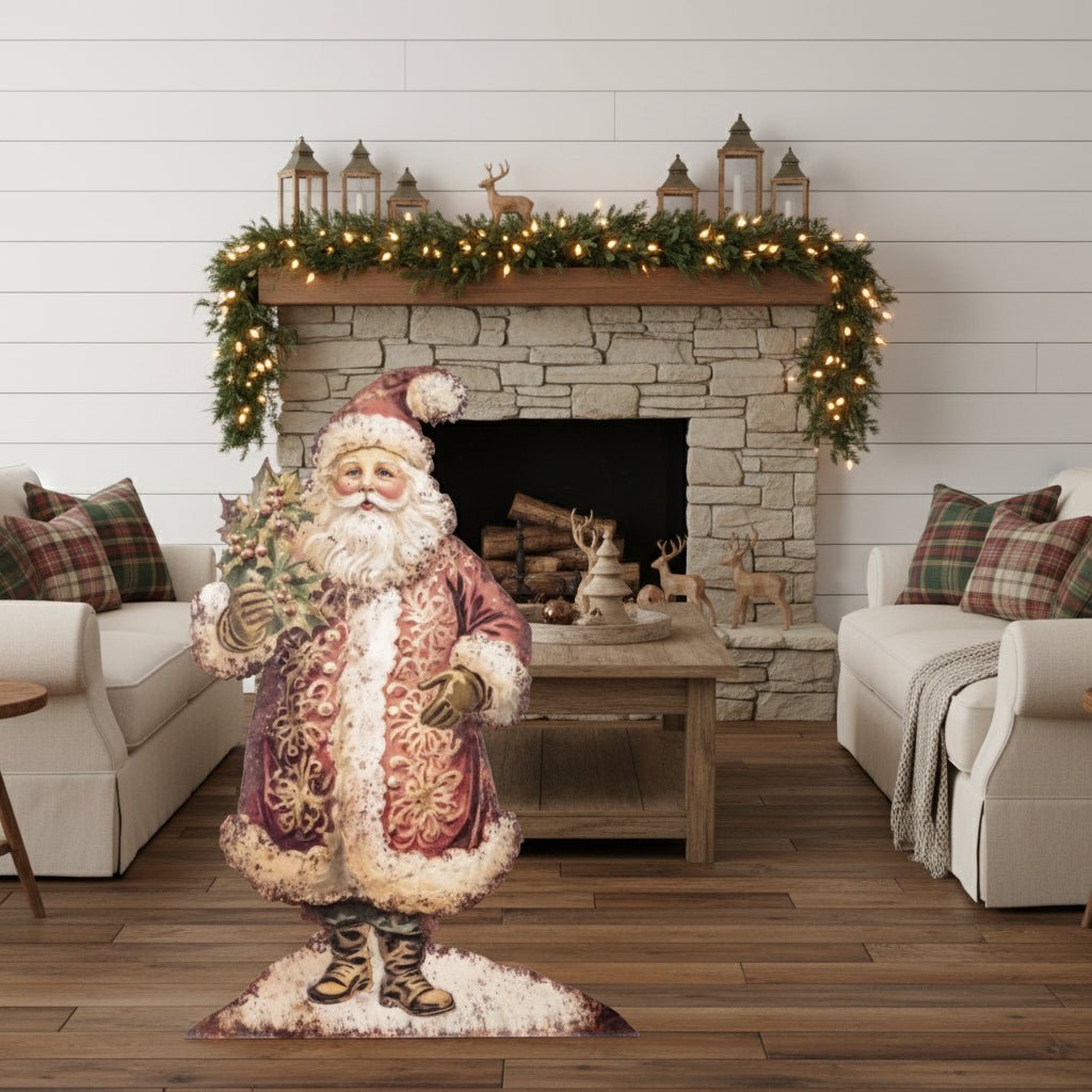 Ragon House Christmas 35.75" Retro Santa with Holly Metal Dummy Board - The Primitive Pineapple Collection