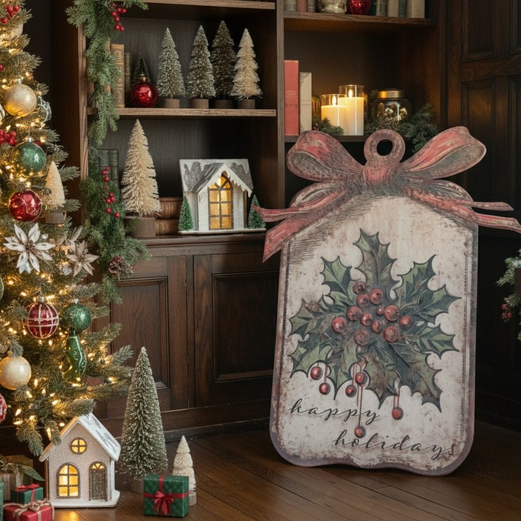 Ragon House Christmas 35.75" Happy Holidays Holly Metal Dummy Board - The Primitive Pineapple Collection