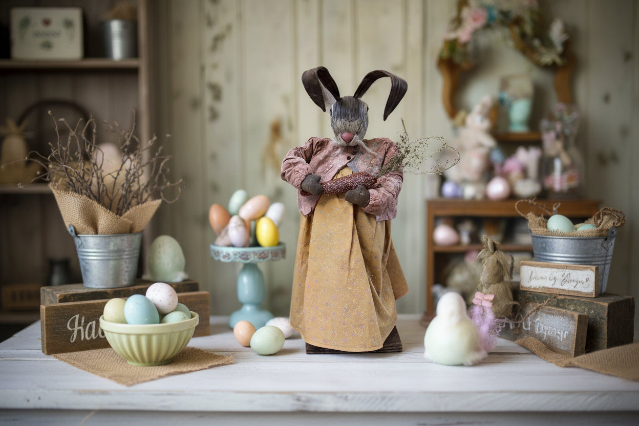Handcrafted by Michelle Spring Easter Clay Sculpted Head Bunny Girl w/ Carrot on Stand - The Primitive Pineapple Collection