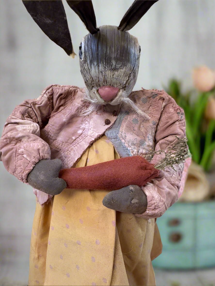 Handcrafted by Michelle Spring Easter Clay Sculpted Head Bunny Girl w/ Carrot on Stand - The Primitive Pineapple Collection