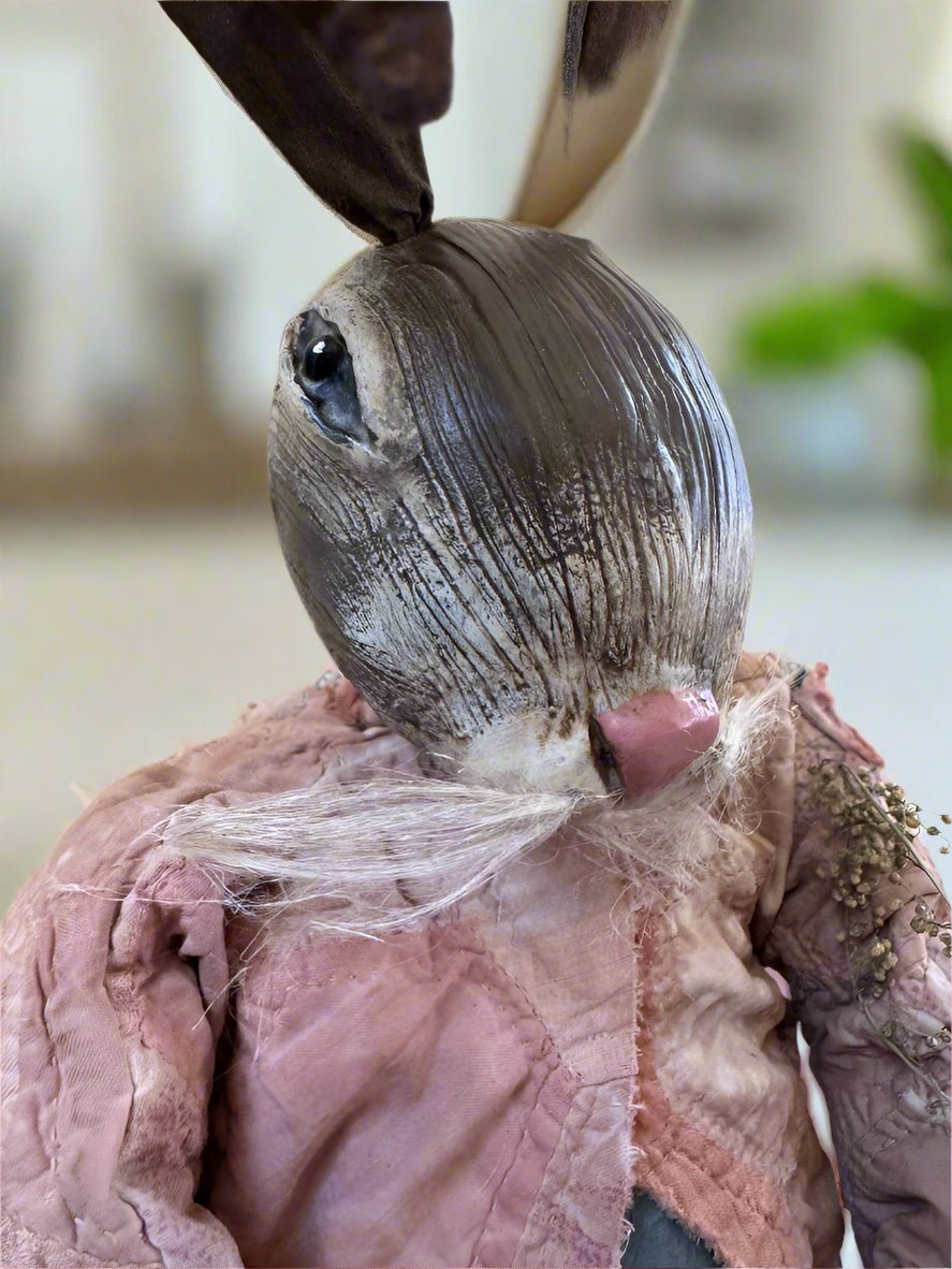 Handcrafted by Michelle Spring Easter Clay Sculpted Head Bunny Boy w/ Carrot on Stand - The Primitive Pineapple Collection