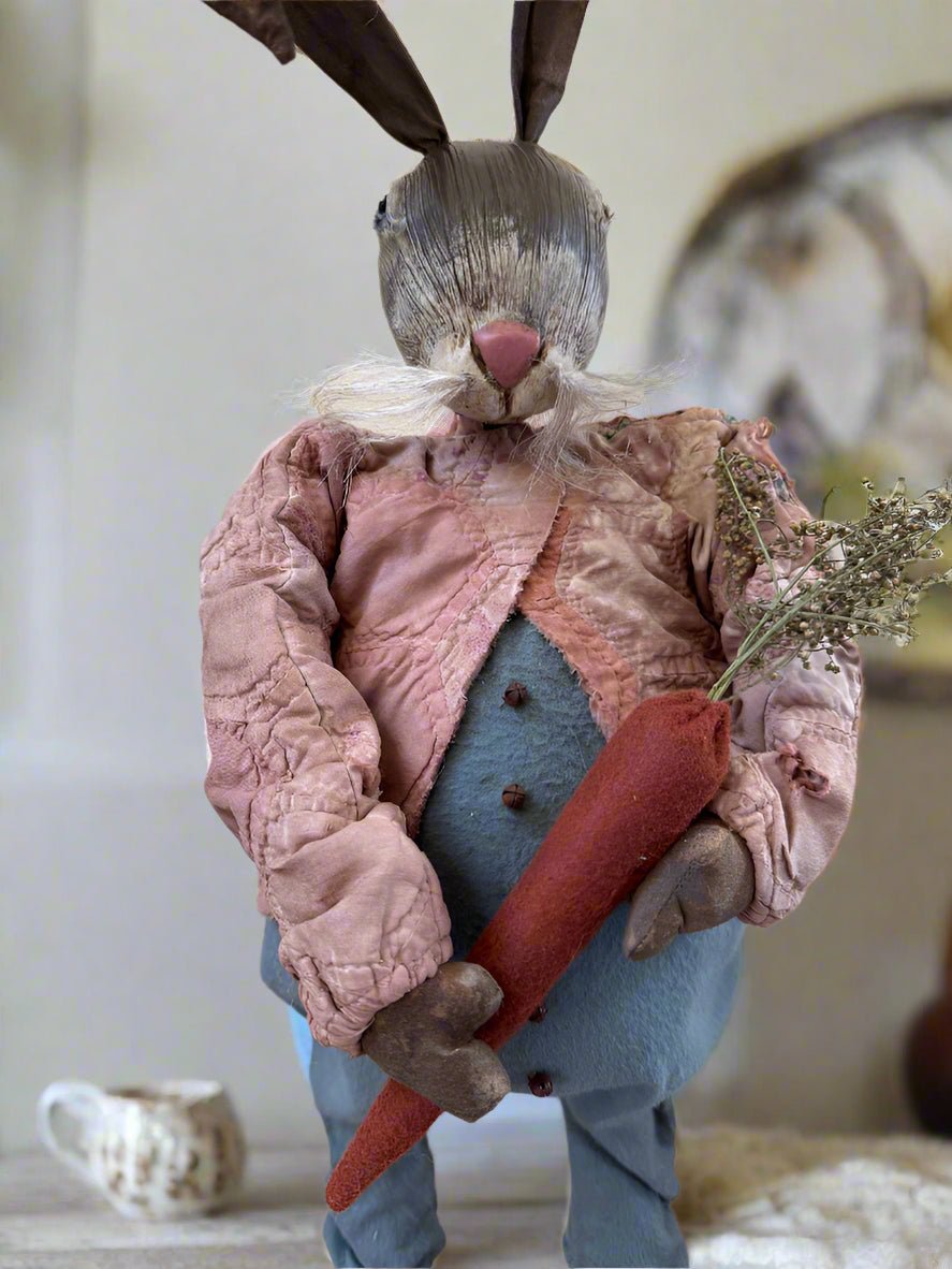 Handcrafted by Michelle Spring Easter Clay Sculpted Head Bunny Boy w/ Carrot on Stand - The Primitive Pineapple Collection