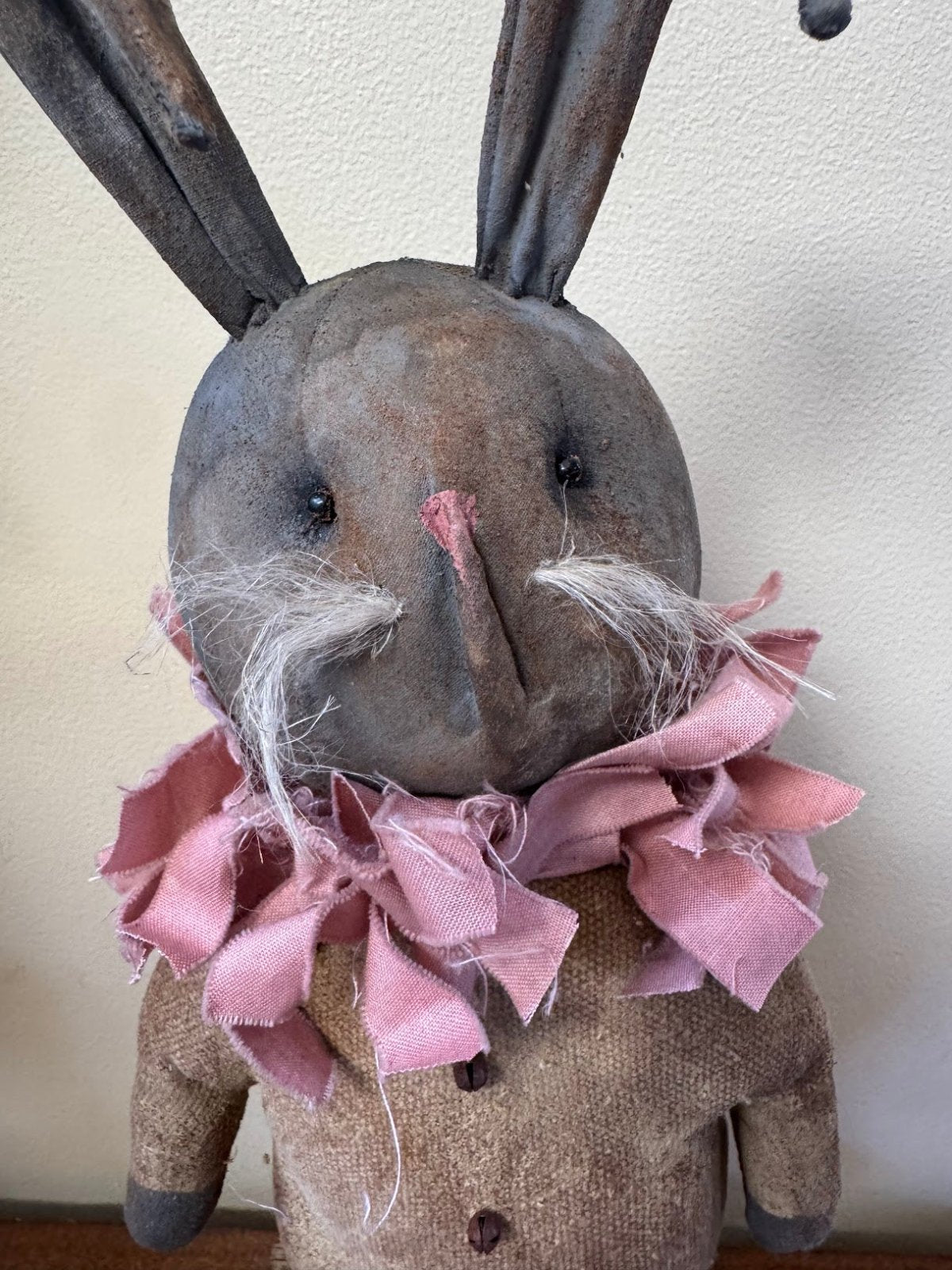 Handcrafted by Michelle Spring Easter Ruffles Collar Cream Bunny on Stand - The Primitive Pineapple Collection
