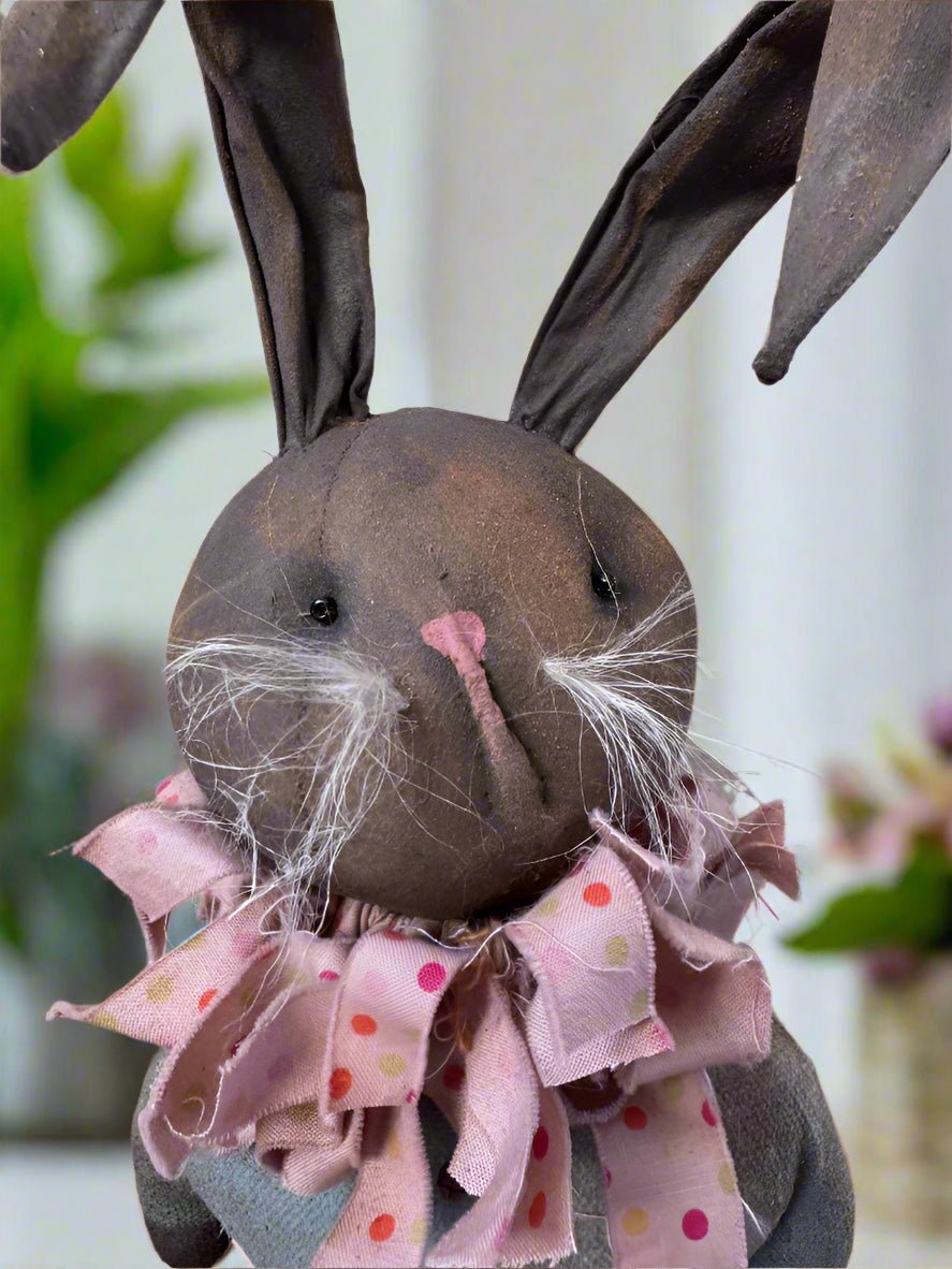 Handcrafted by Michelle Spring Easter Ruffles Collar Blue Bunny on Stand - The Primitive Pineapple Collection