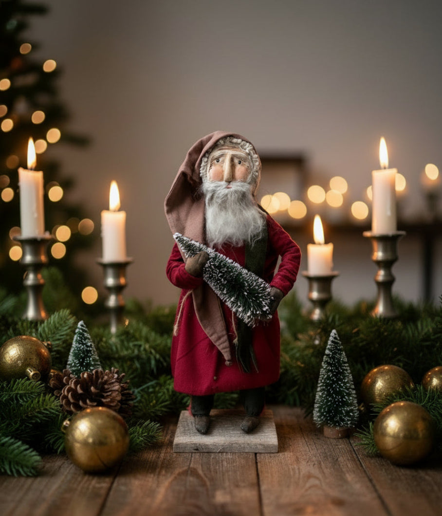 Handcrafted by Michelle Early American Hand Sculpted Clay Face Santa w/Christmas Tree 20" - The Primitive Pineapple Collection