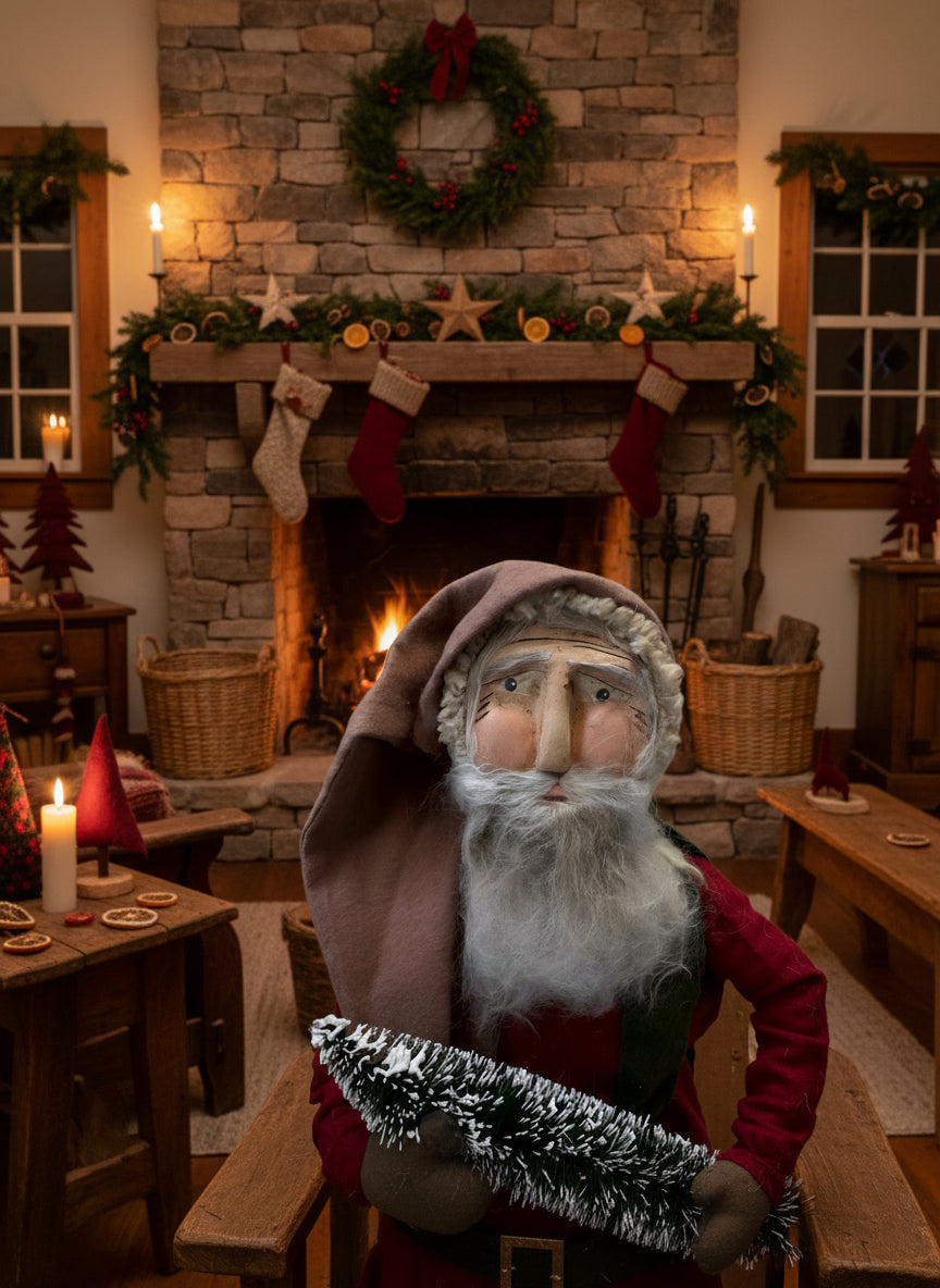 Handcrafted by Michelle Early American Hand Sculpted Clay Face Santa w/Christmas Tree 20" - The Primitive Pineapple Collection