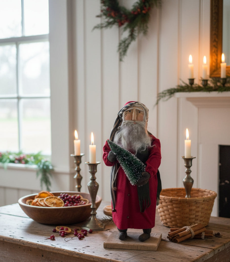 Handcrafted by Michelle Early American Hand Sculpted Clay Face Santa w/Christmas Tree 20" - The Primitive Pineapple Collection