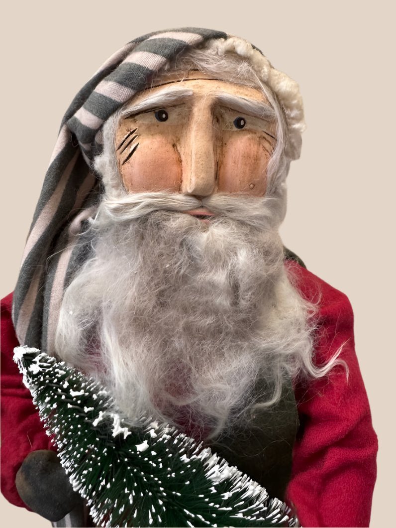 Handcrafted by Michelle Early American Hand Sculpted Clay Face Santa w/Christmas Tree 20" - The Primitive Pineapple Collection