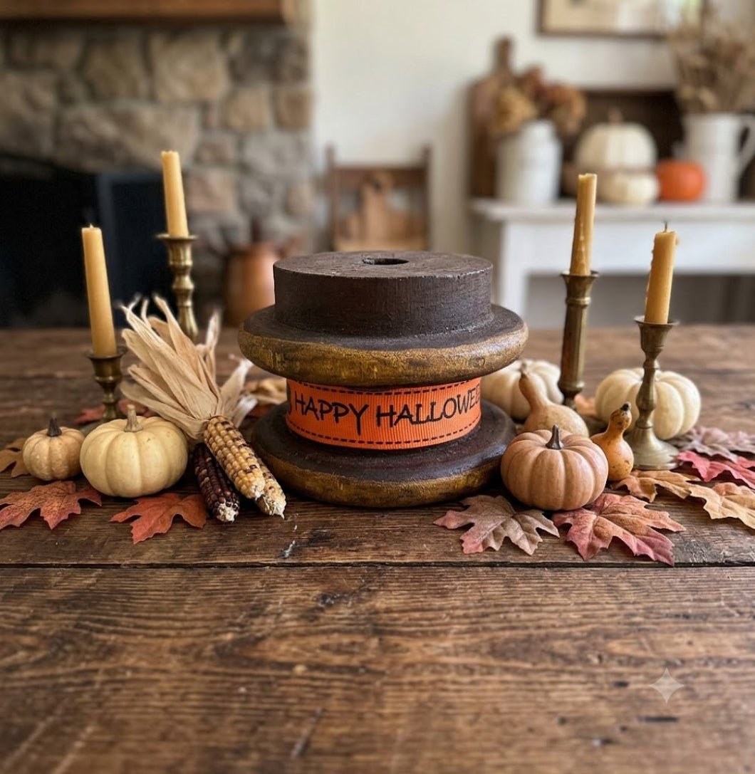 Primitive Flat Wood Spool w/ Halloween Ribbon - The Primitive Pineapple Collection
