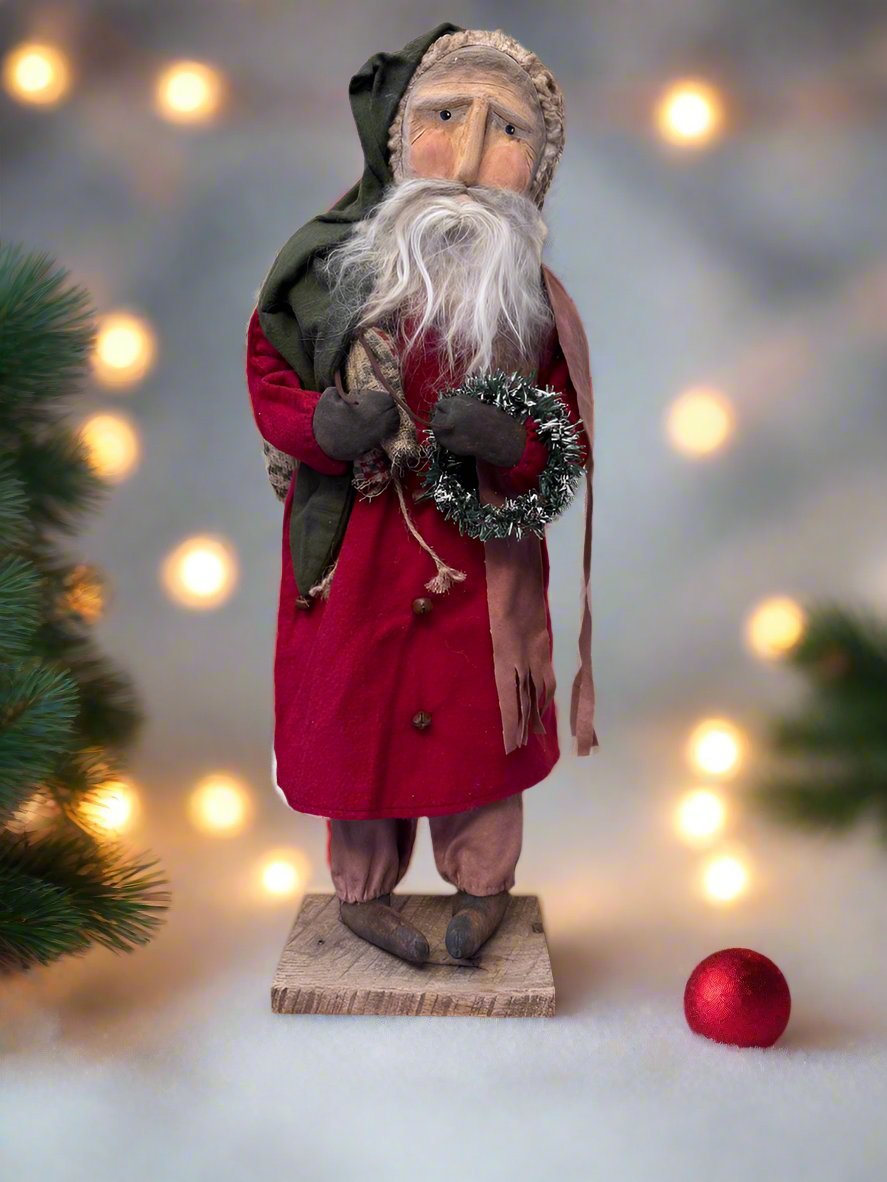 Handcrafted by Michelle Early American Hand Sculpted Clay Face Santa w/ Sack Doll 24" - The Primitive Pineapple Collection