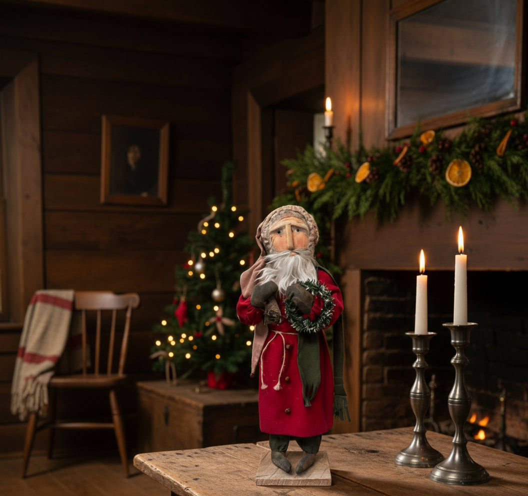 Handcrafted by Michelle Early American Hand Sculpted Clay Face Santa w/ Sack Doll 24" - The Primitive Pineapple Collection