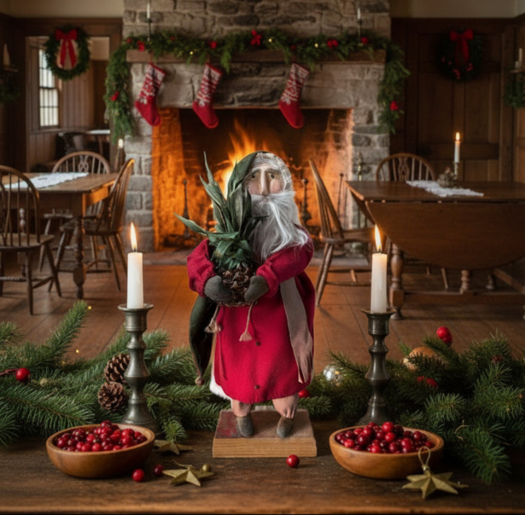 Handcrafted by Michelle Hand Sculpted Clay Face Red Santa w/ Colonial Pineapple 20" - The Primitive Pineapple Collection