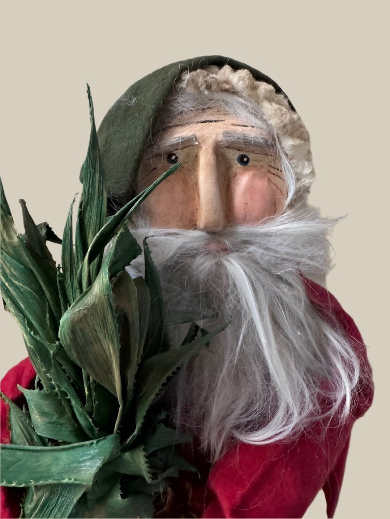 Handcrafted by Michelle Hand Sculpted Clay Face Red Santa w/ Colonial Pineapple 20" - The Primitive Pineapple Collection