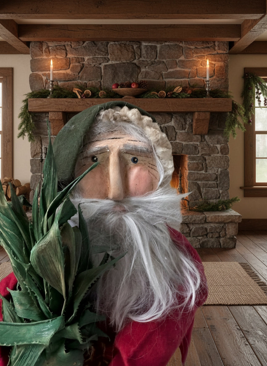 Handcrafted by Michelle Hand Sculpted Clay Face Red Santa w/ Colonial Pineapple 20" - The Primitive Pineapple Collection