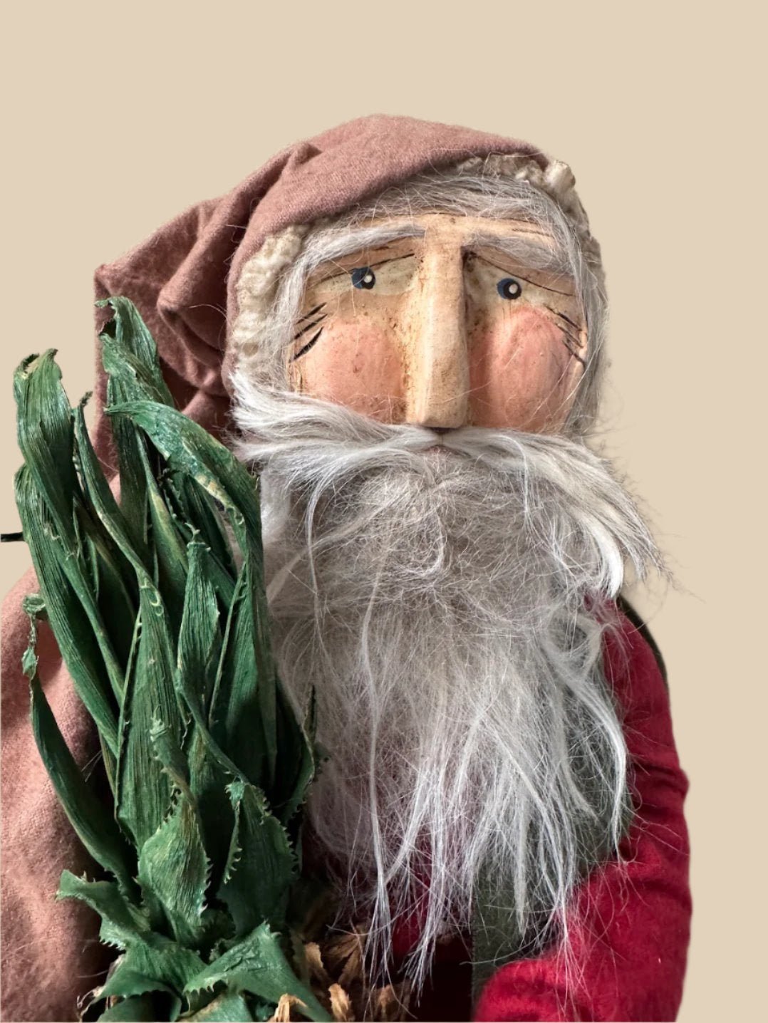 Handcrafted by Michelle Hand Sculpted Clay Face Red Santa w/ Colonial Pineapple 20" - The Primitive Pineapple Collection