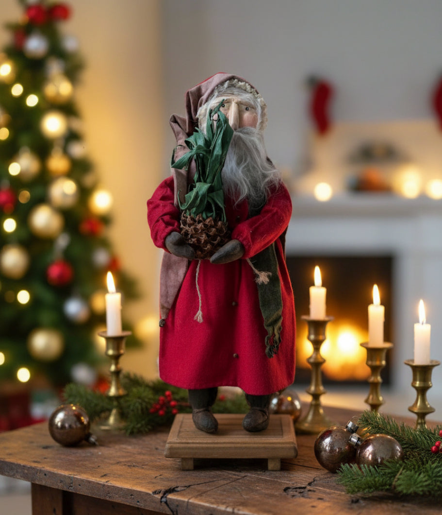 Handcrafted by Michelle Hand Sculpted Clay Face Red Santa w/ Colonial Pineapple 20" - The Primitive Pineapple Collection