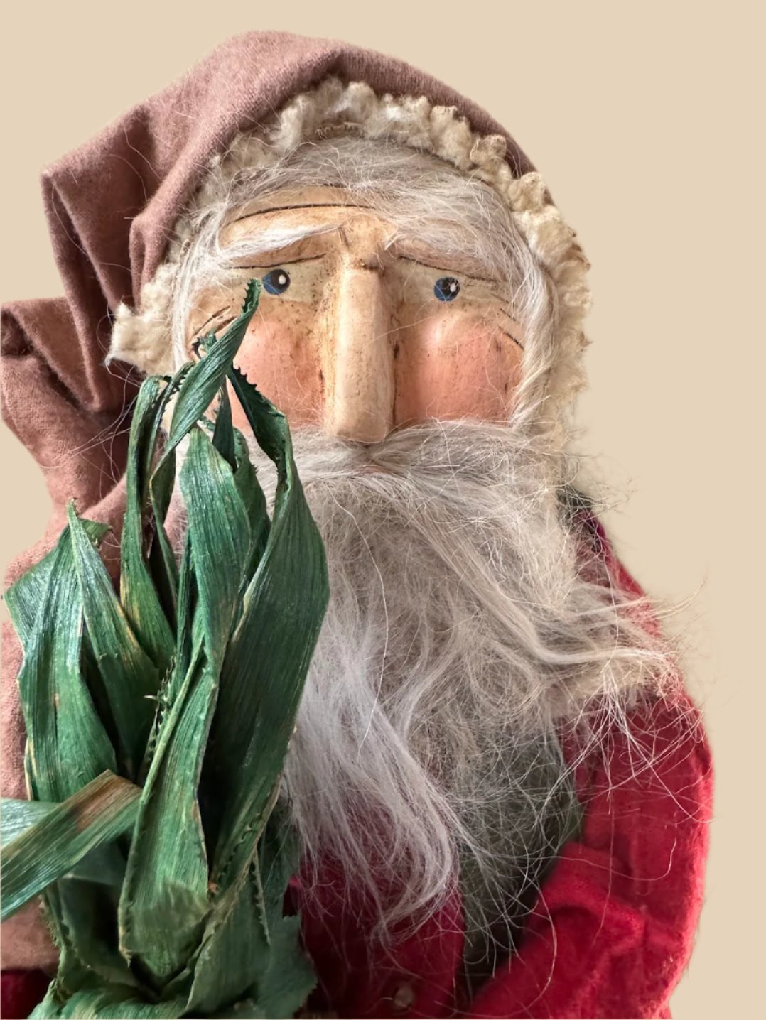 Handcrafted by Michelle Hand Sculpted Clay Face Red Santa w/ Colonial Pineapple 20" - The Primitive Pineapple Collection