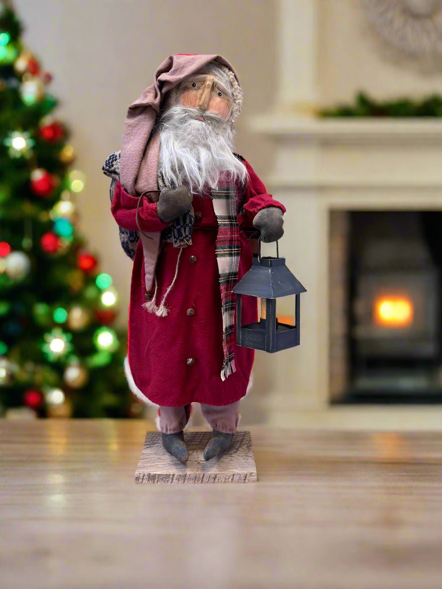 Handcrafted by Michelle Early American Hand Sculpted Clay Face Santa w/ Sack and Lantern Doll 24" - The Primitive Pineapple Collection