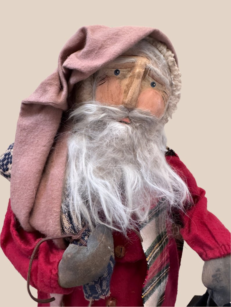 Handcrafted by Michelle Early American Hand Sculpted Clay Face Santa w/ Sack and Lantern Doll 24" - The Primitive Pineapple Collection