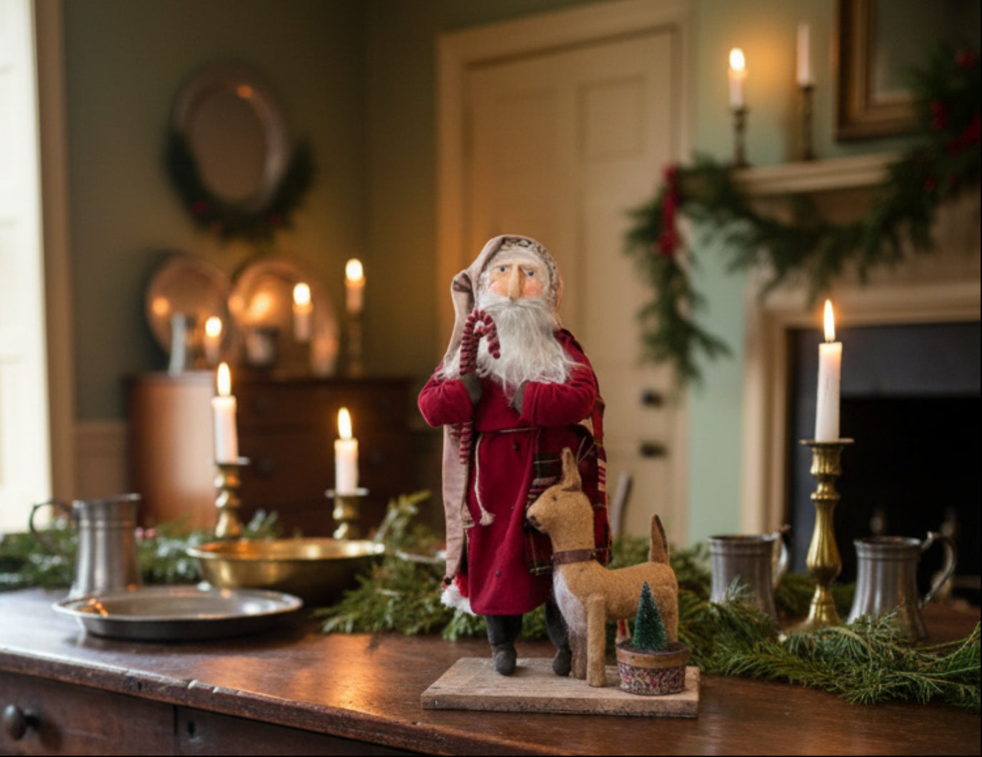 Handcrafted by Michelle Hand Sculpted Clay Face Red Santa w/Reindeer 19" - The Primitive Pineapple Collection