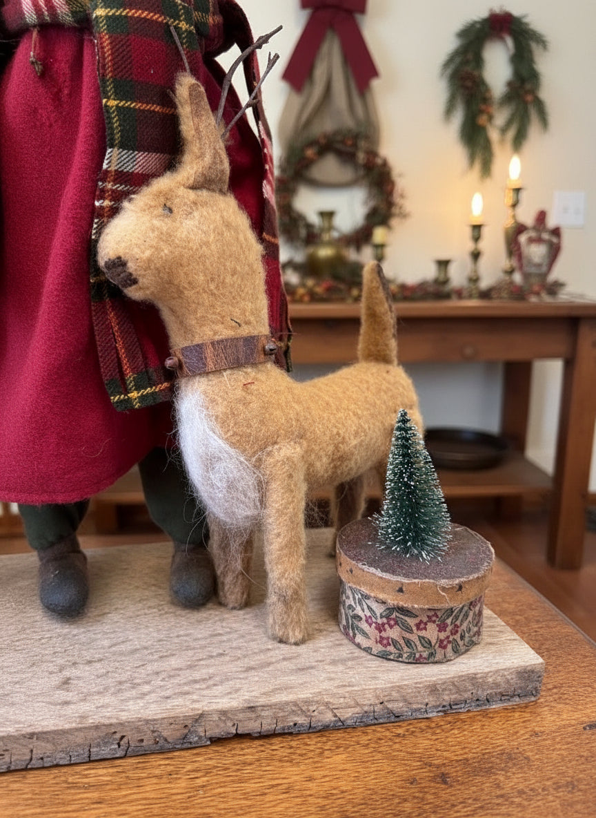 Handcrafted by Michelle Hand Sculpted Clay Face Red Santa w/Reindeer 19" - The Primitive Pineapple Collection