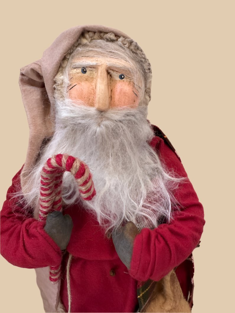 Handcrafted by Michelle Hand Sculpted Clay Face Red Santa w/Reindeer 19" - The Primitive Pineapple Collection