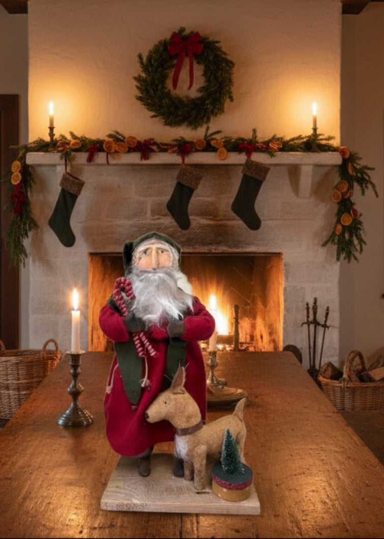 Handcrafted by Michelle Hand Sculpted Clay Face Red Santa w/Reindeer 19" - The Primitive Pineapple Collection