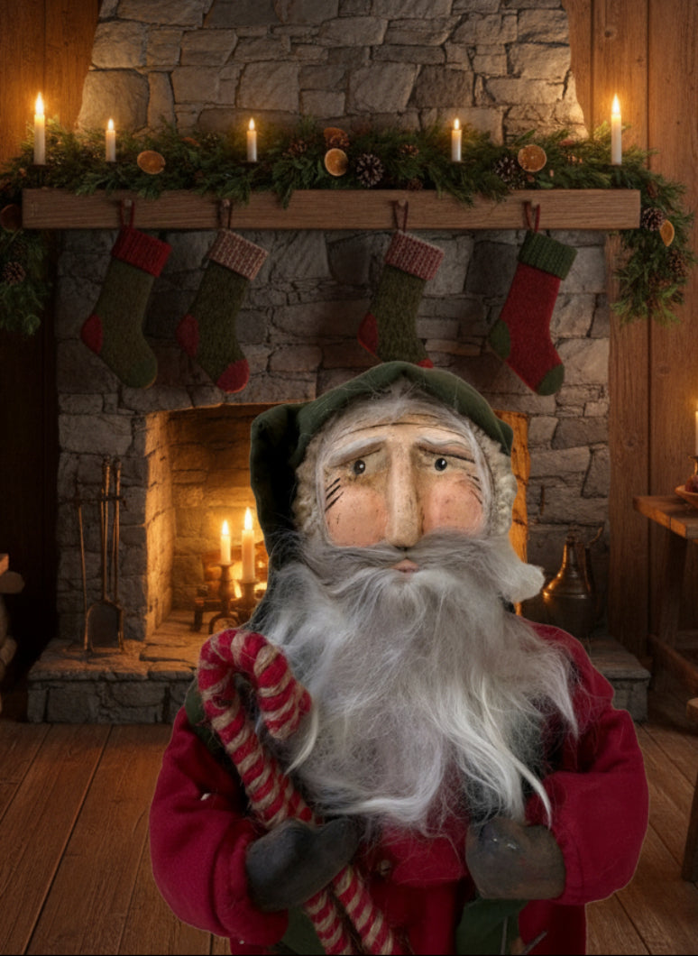 Handcrafted by Michelle Hand Sculpted Clay Face Red Santa w/Reindeer 19" - The Primitive Pineapple Collection