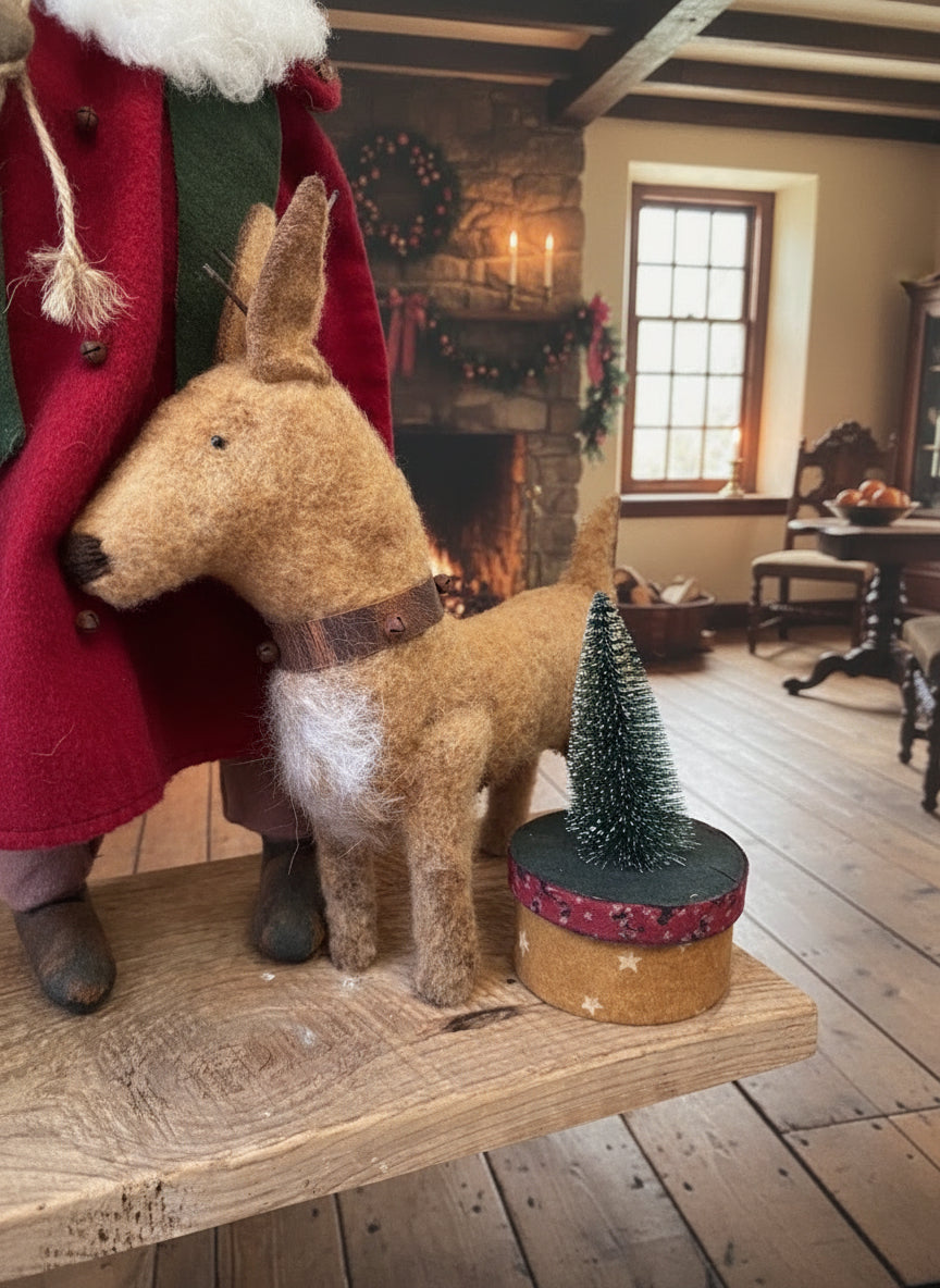 Handcrafted by Michelle Hand Sculpted Clay Face Red Santa w/Reindeer 19" - The Primitive Pineapple Collection