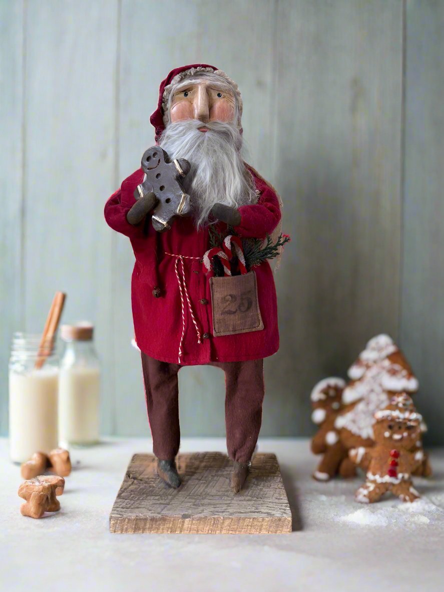 Handcrafted by Michelle Hand Sculpted Clay Face Santa w/ Gingerbread Doll 18" - The Primitive Pineapple Collection