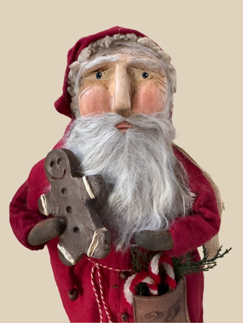 Handcrafted by Michelle Hand Sculpted Clay Face Santa w/ Gingerbread Doll 18" - The Primitive Pineapple Collection