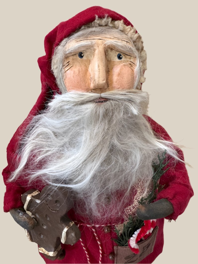Handcrafted by Michelle Hand Sculpted Clay Face Santa w/ Gingerbread Doll 18" - The Primitive Pineapple Collection