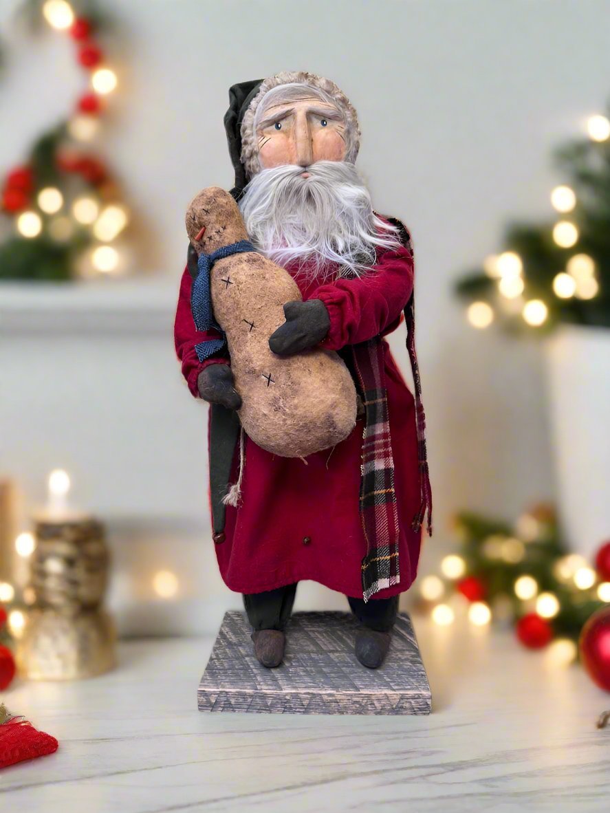 Handcrafted by Michelle Early American Hand Sculpted Clay Face Santa with Snowman 19" - The Primitive Pineapple Collection
