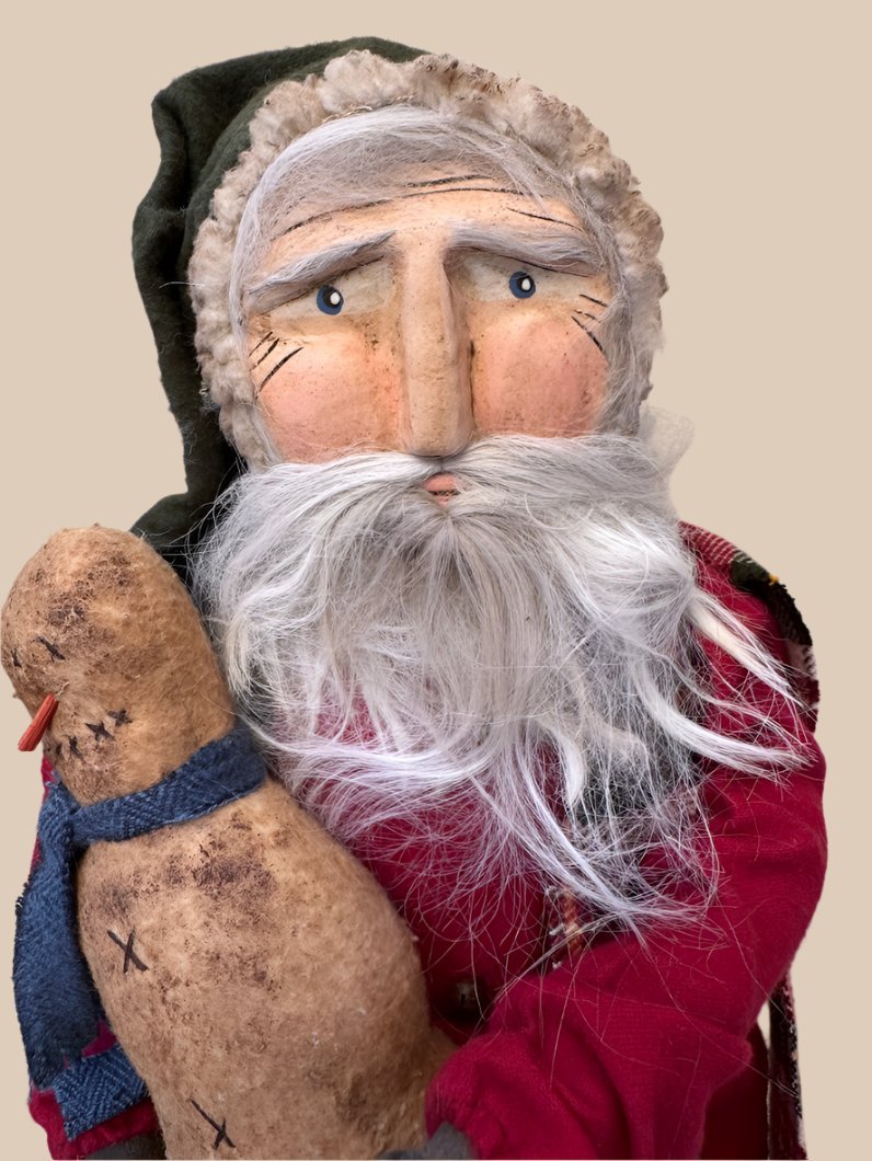 Handcrafted by Michelle Early American Hand Sculpted Clay Face Santa with Snowman 19" - The Primitive Pineapple Collection