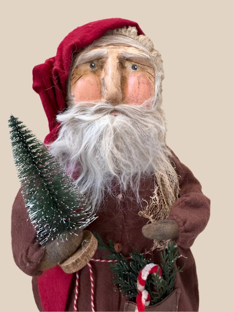Handcrafted by Michelle Early American Hand Sculpted Clay Face Santa w/ Tree/Candy Canes 18" - The Primitive Pineapple Collection